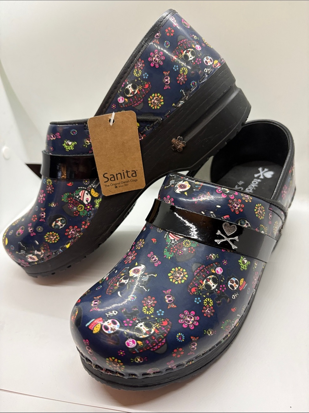 SANITA Navy Floral & Skull Slip-On Clogs